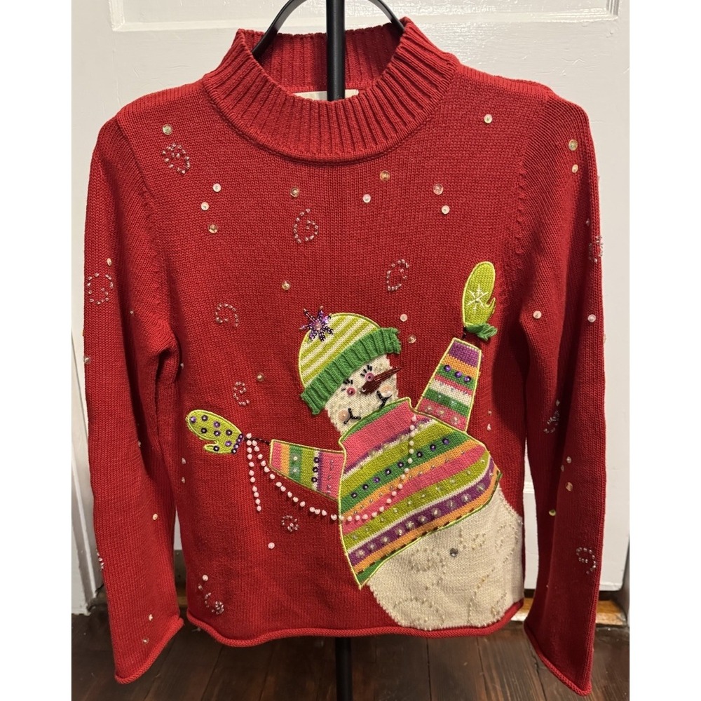 Susan Bristol Sweater Womens Small Chrstmas Snowman Embroidered Beaded Sequin
